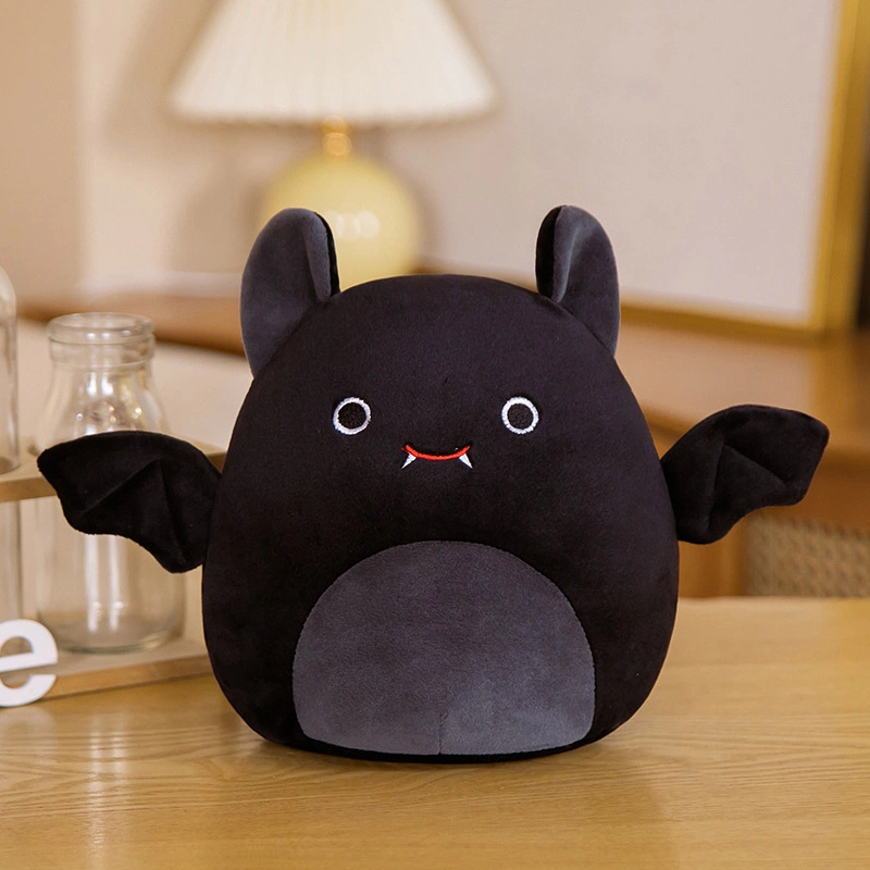 Squishy Black Bat Plush Toy, Cute Round Bat Stuffed Animal, Soft Squish‑Style Bat Pillow with Fangs, Halloween Devil Bat Plush Cushion, Kids Halloween & Birthday Gift