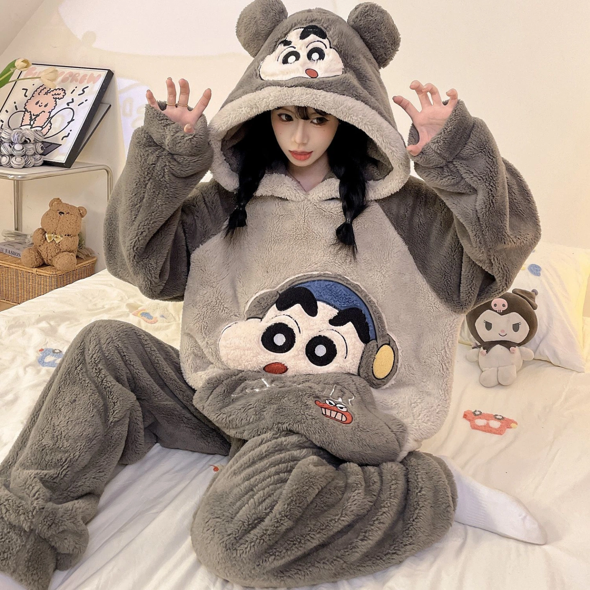 Women's Winter Fuzzy Pajama Set, Thick Warm Coral Fleece Hooded Loungewear, Cute Cartoon Oversized Flannel Sleepwear with Pants