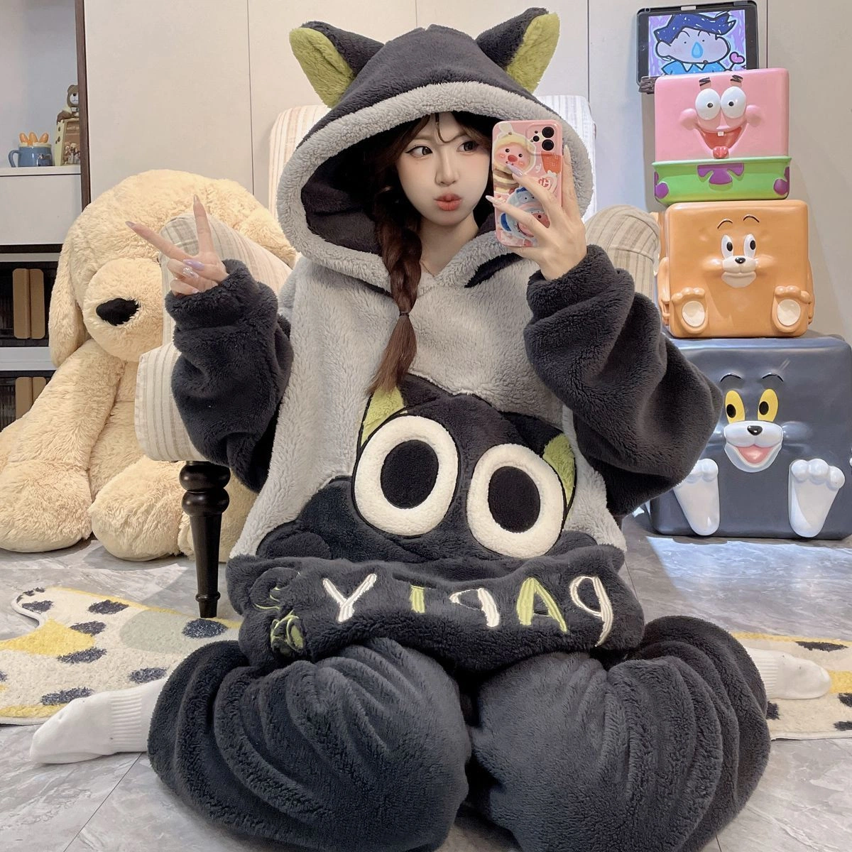 Women's Winter Fuzzy Pajama Set, Thick Warm Coral Fleece Hooded Loungewear, Cute Cartoon Oversized Flannel Sleepwear with Pants
