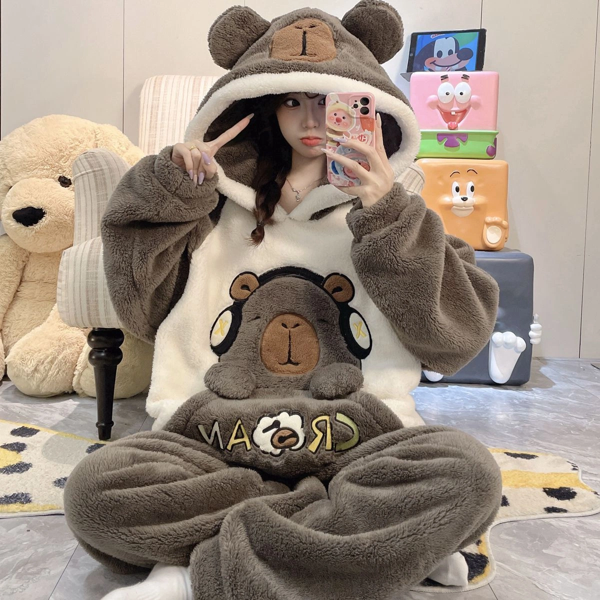 New 2026 Women's Coral Fleece Hooded Pajama Set, Thick Warm Cute Cartoon Loungewear, Oversized Plus Size Winter Sleepwear for Women, Fit up to 200 Lbs
