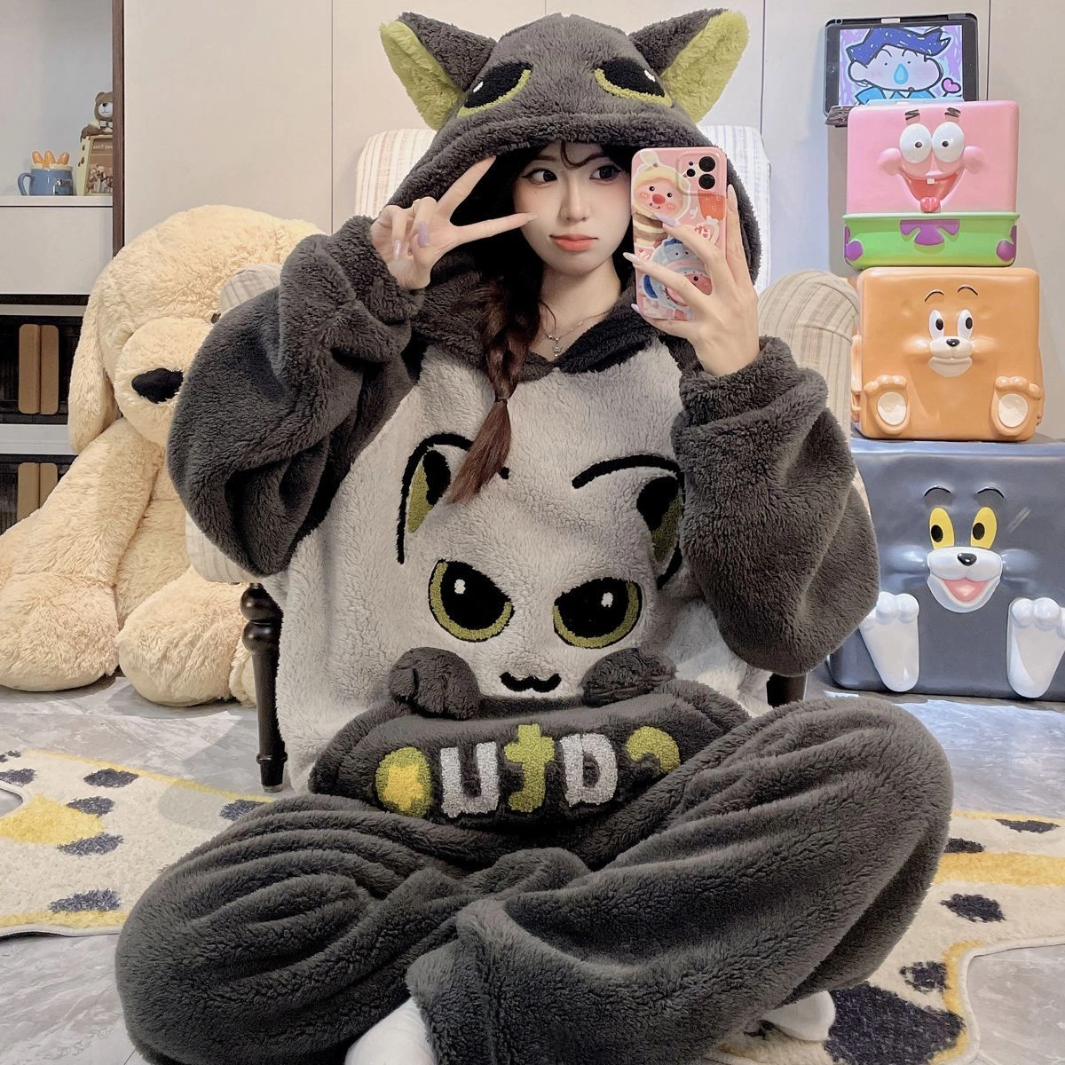 New 2026 Women's Coral Fleece Hooded Pajama Set, Thick Warm Cute Cartoon Loungewear, Oversized Plus Size Winter Sleepwear for Women, Fit up to 200 Lbs
