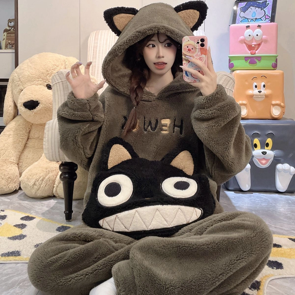 New 2026 Women's Coral Fleece Hooded Pajama Set, Thick Warm Cute Cartoon Animal Loungewear, Oversized Plus Size Fall Winter Sleepwear for Curvy Women, Fits up to 200 Lbs