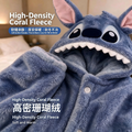 Cute Stitch Coral Fleece Long Robe for Women, Hooded Bathrobe, Warm Fall Winter Loungewear, Wearable Outside Home