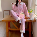 Women’s Air Cotton Pajama Set, Sweet Pink Doll Collar Sleepwear, Thick Warm Mid-Length Loose Casual Loungewear Set