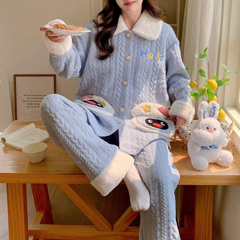 Women's Air Cotton Pajama Set, Doll Collar Sweet Thick Warm Loungewear, Loose Casual Home Sleepwear Outfit, Light Blue Cartoon Style