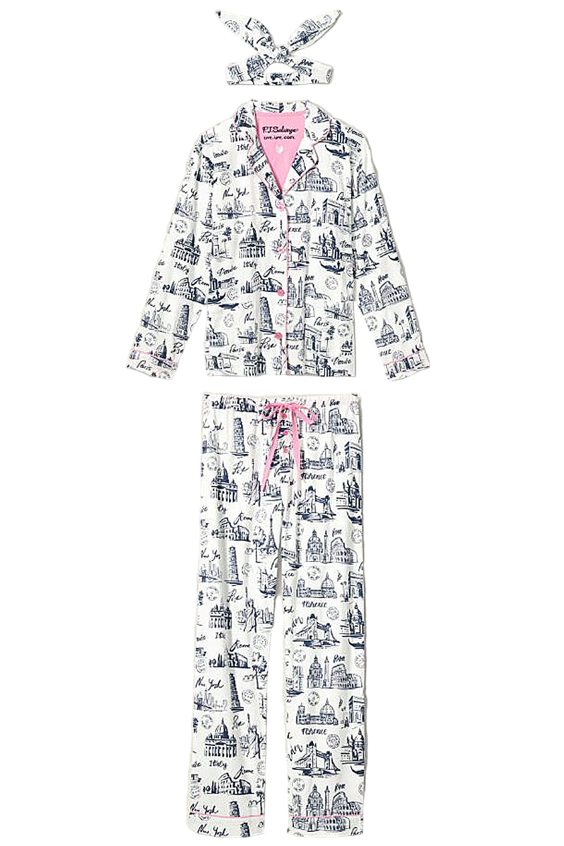 P.J Salvage Bon Voyage Print Flannel PJ Set with Headband in White Cloud